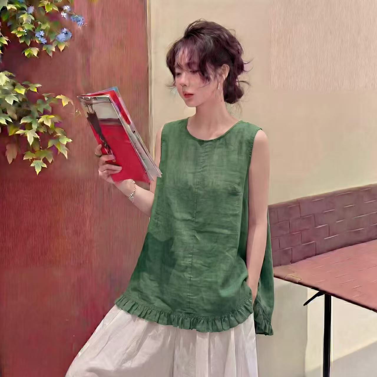 园园美衣宽松简约减龄苎麻下摆荷叶边无袖衬衫百搭上衣小衫女623