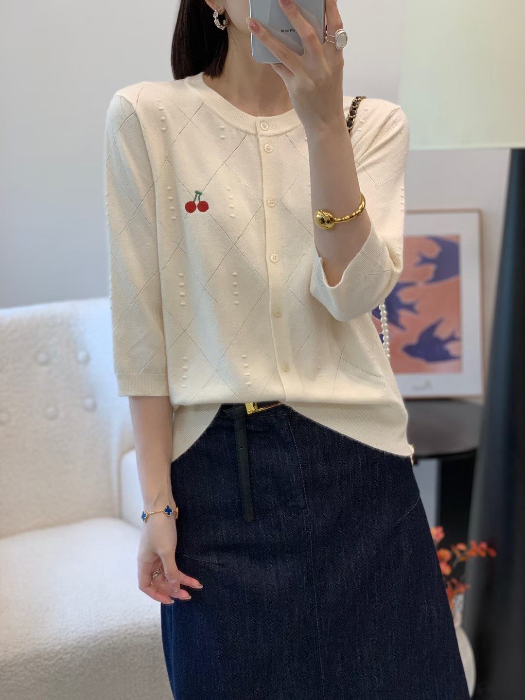 2026秋装新款开衫中袖细棉针织衫宽松遮肚女上衣