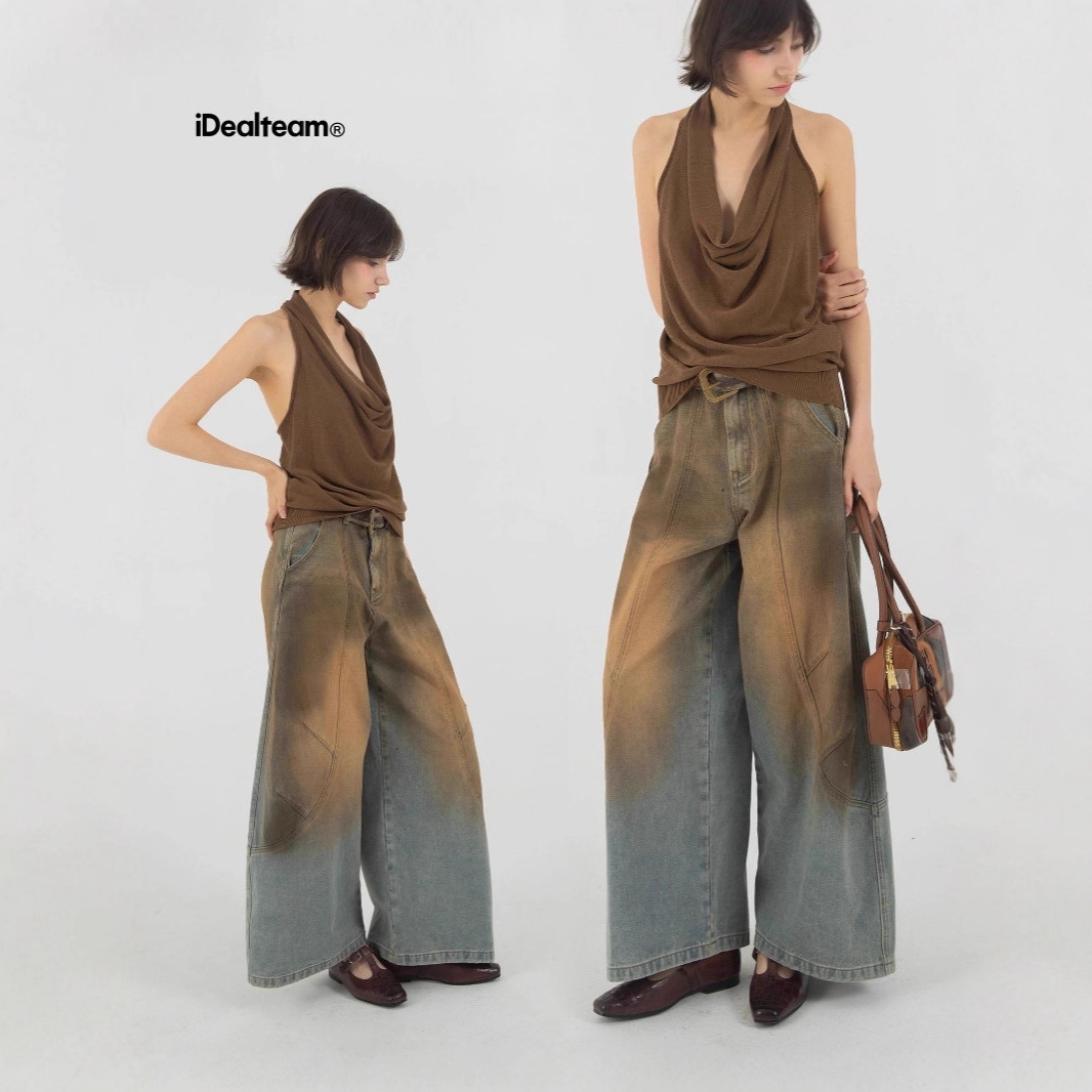 INSS&ID十三行早秋新品复古黄泥染水洗牛仔裤阔腿做旧弯刀裤91016