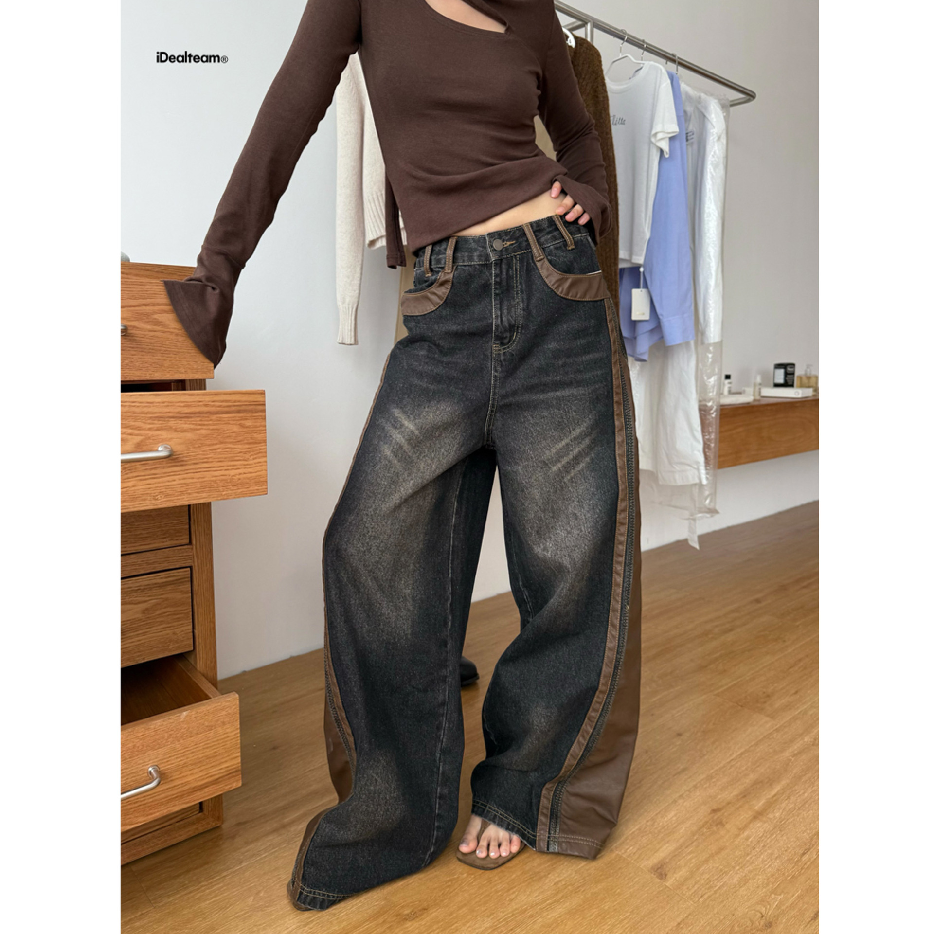 INSS 复古水洗牛仔裤女2025十三行秋季设计感拼接皮美式阔腿裤