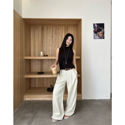 T-PLATFORM 春季新款天丝棉裤子极简老钱风显瘦阔腿休闲裤女16092