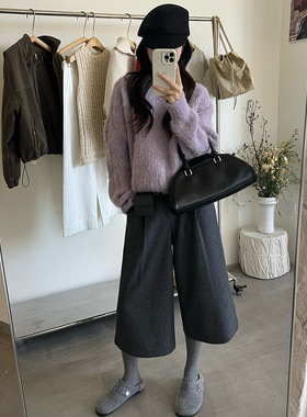［T台］T-PLATFORM 韩系简约风毛呢休闲裤女冬款加绒七分裤83399