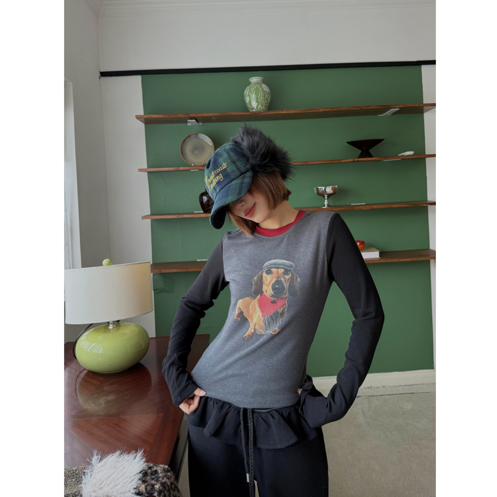 INSS 撞色长袖T恤2025十三行秋季新款显瘦趣味印花打底99888