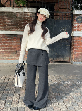 ［T台］T-PLATFORM广州十三行叠穿设计感冬季加绒屁帘休闲裤83391