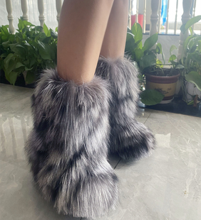 新款银狐内增高6厘米中筒靴 冬季毛毛皮草保暖鞋 网红明星同款鞋