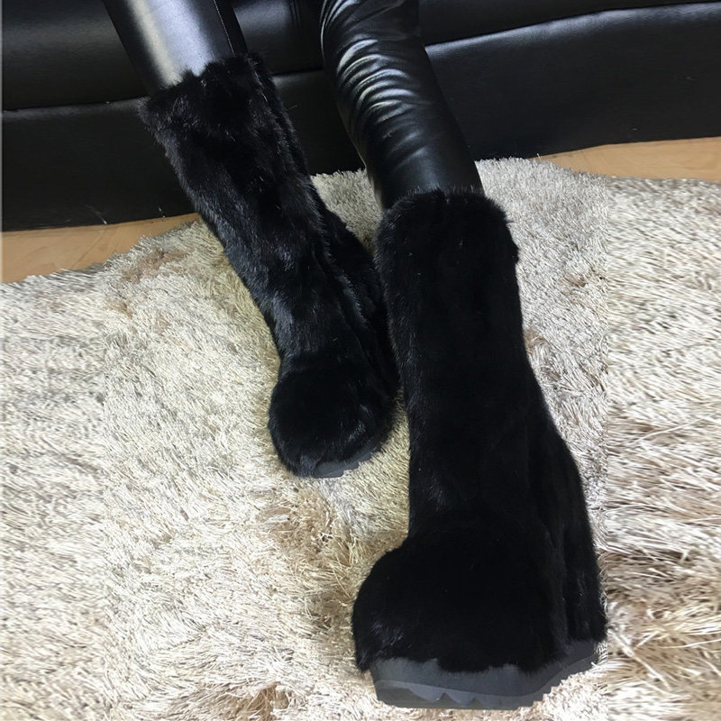 欧洲站冬季新款水貂毛超高跟侧拉链内增高高筒皮草鞋毛毛靴女