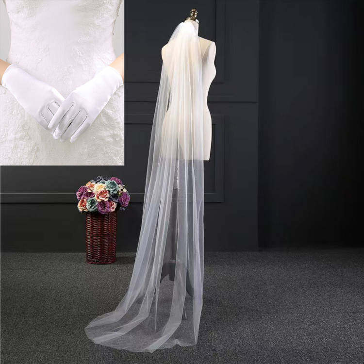 新娘长头纱加手套套装，单层2M头纱带发梳短款手套