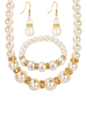 亚马逊wish款仿珍珠项链手链耳环套装三件套 跨境新娘套装饰品女