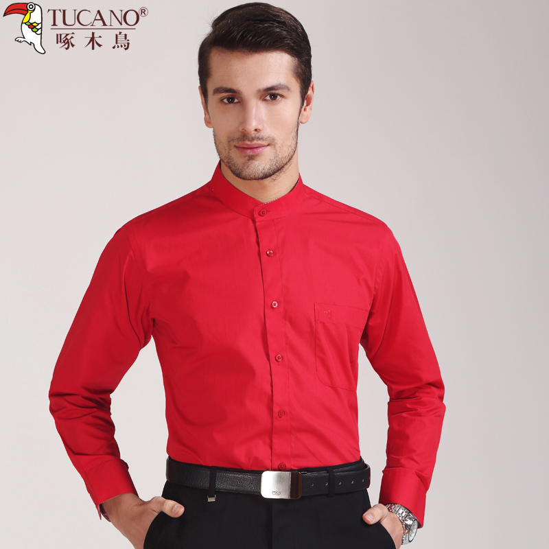 啄木鸟本命年大红色立领长袖衬衫男纯色中国风小圆领休闲衬衣秋装