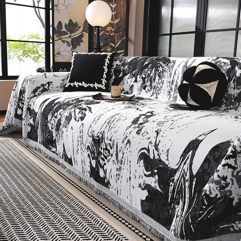 水墨艺术黑白沙发毯轻奢高级感全盖沙发巾流苏边防滑防尘沙发盖布
