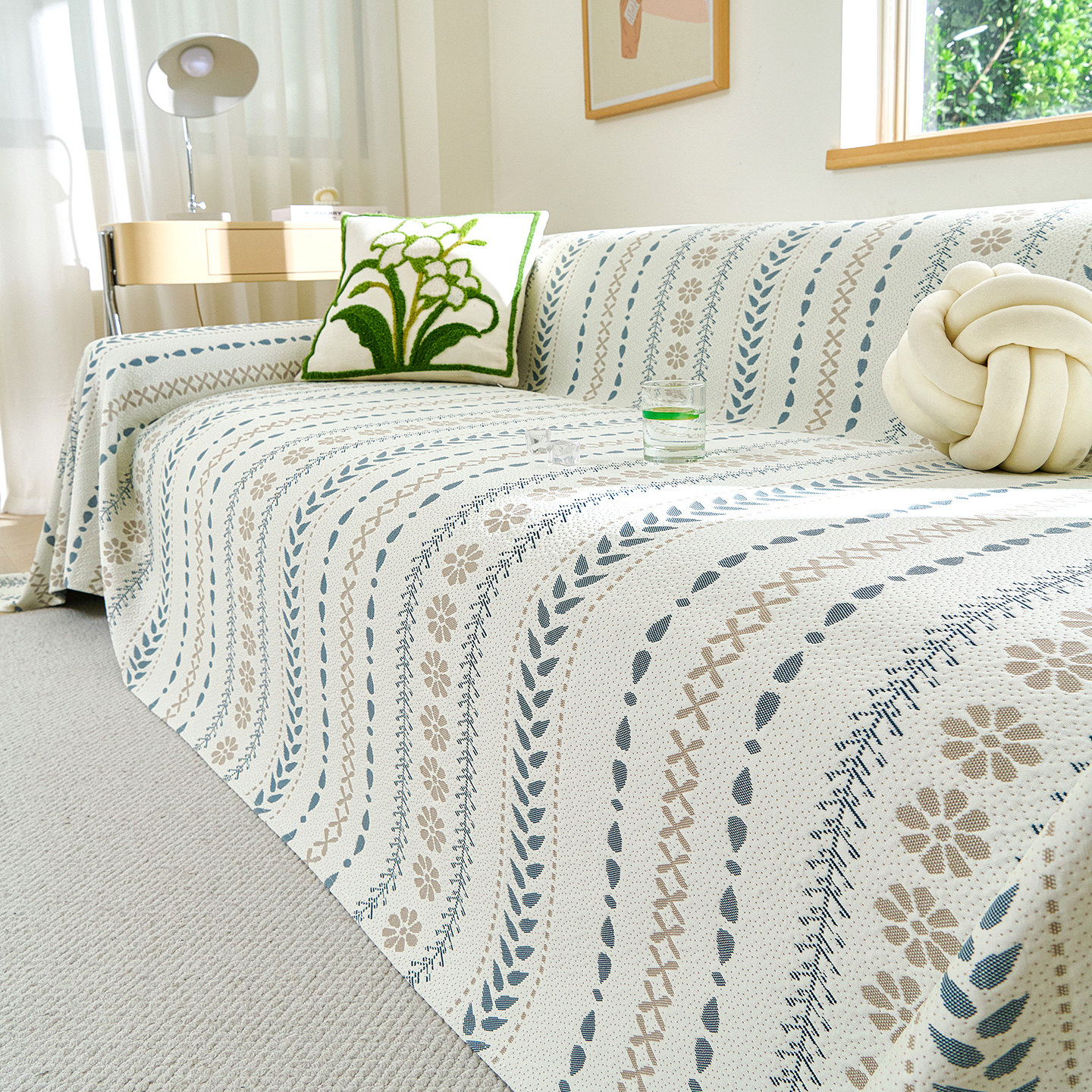 清新绿凉豆豆沙发盖布夏季冰丝沙发套罩全包万能套奶油风沙发巾