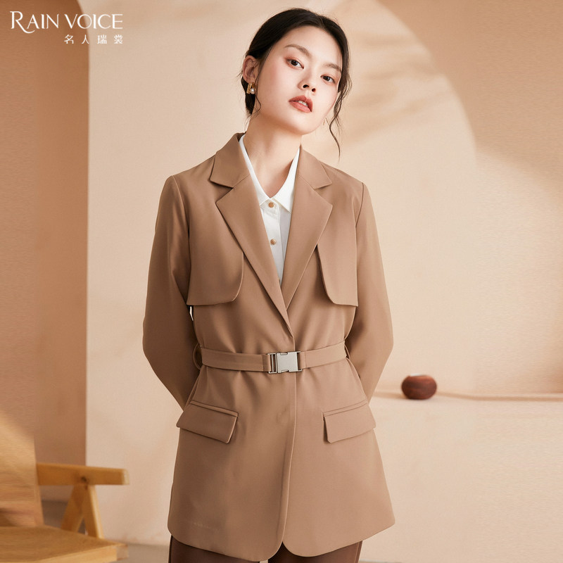名人瑞裳小西装外套女2021早秋新款西装领系带款显瘦百搭纯色西服