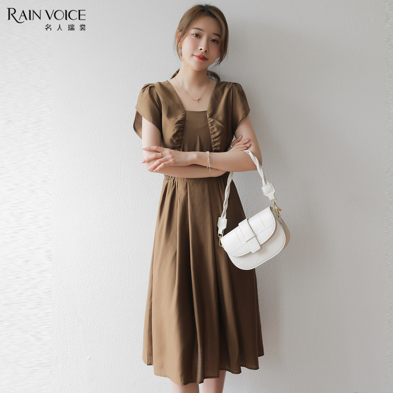 名人瑞裳2021连衣裙女夏季新款设计感简约纯色遮肉气质大码裙子