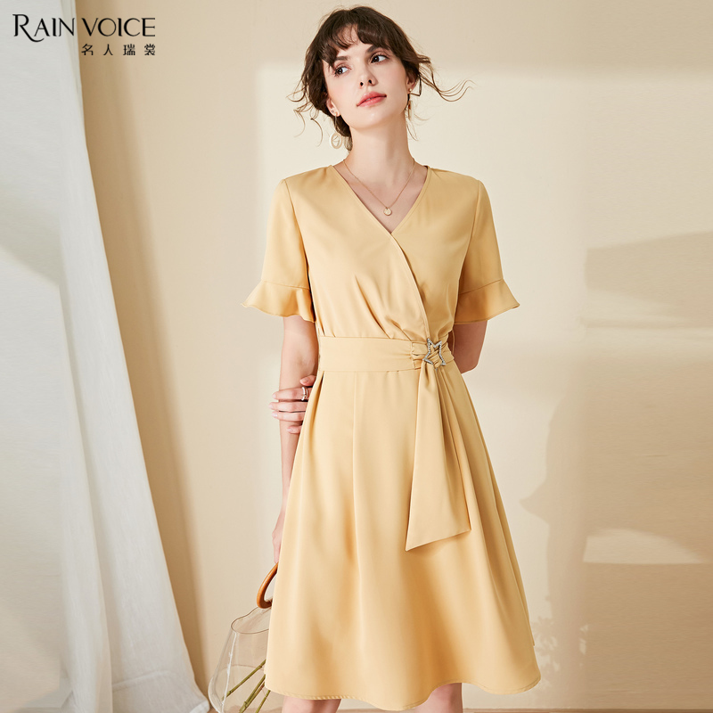 名人瑞裳连衣裙女夏2021新款职业通勤ol纯色收腰显瘦气质裙子女装