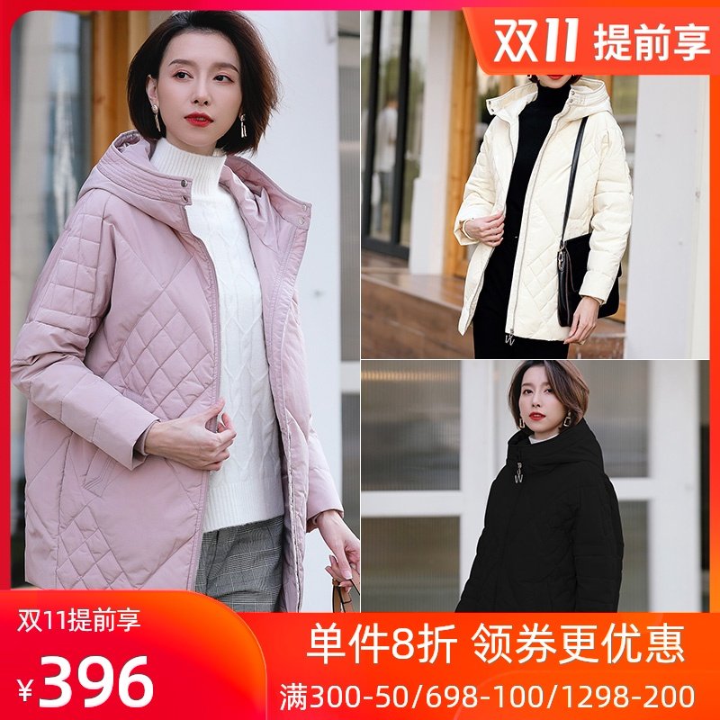 名人瑞裳羽绒服女2018新款妈妈中长款纯色连帽加厚外套时尚休闲潮