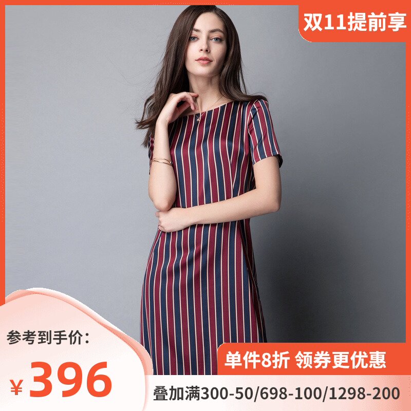 名人瑞裳2017夏装新款女装裙子时尚修身中长款圆领短袖条纹连衣裙