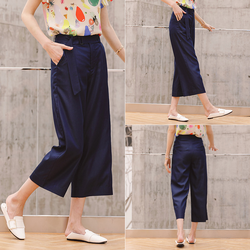 名人瑞裳2021新款纯色宽松大码高腰直筒阔腿休闲裤女夏百搭七分裤