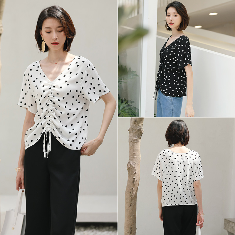 名人瑞裳2021夏季新款女纯色圆点雪纺衫v领短袖宽松休闲上衣洋气