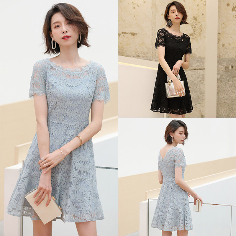 名人瑞裳2021夏季新款女装黑色蕾丝连衣裙中长款修身收腰妈妈裙子