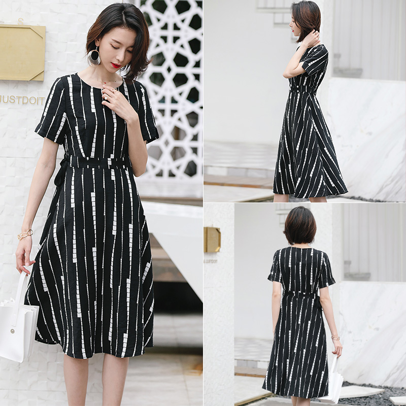 名人瑞裳女装夏装2021新款圆领收腰连衣裙时尚中长款过膝妈妈长裙