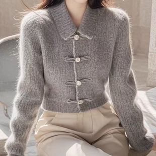 慵懒高级感针织上衣女气质新中式 2024年冬季 国风灰色内搭打底毛衣