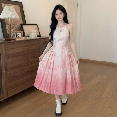 通勤无袖渐变色甜美长裙子