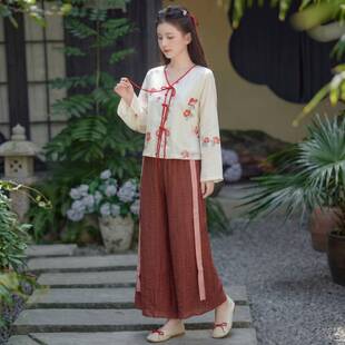 新中式国风复古高级显瘦日常v领汉元素禅意长袖上衣裤子两件套装