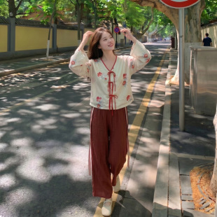 2026年夏季新款新中式国风上衣红色显瘦日常通勤百搭阔腿裤两件套