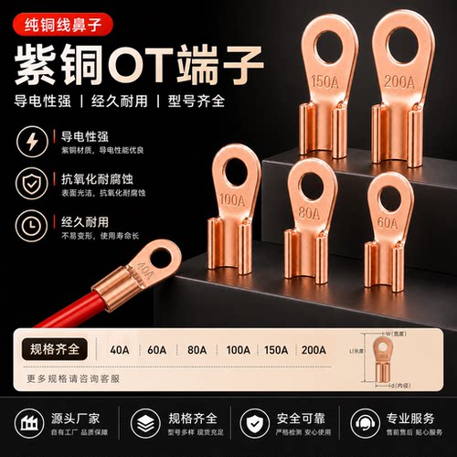 紫铜接线端子OT铜鼻子40A电缆铜线耳接头国标小商品五金配件包邮