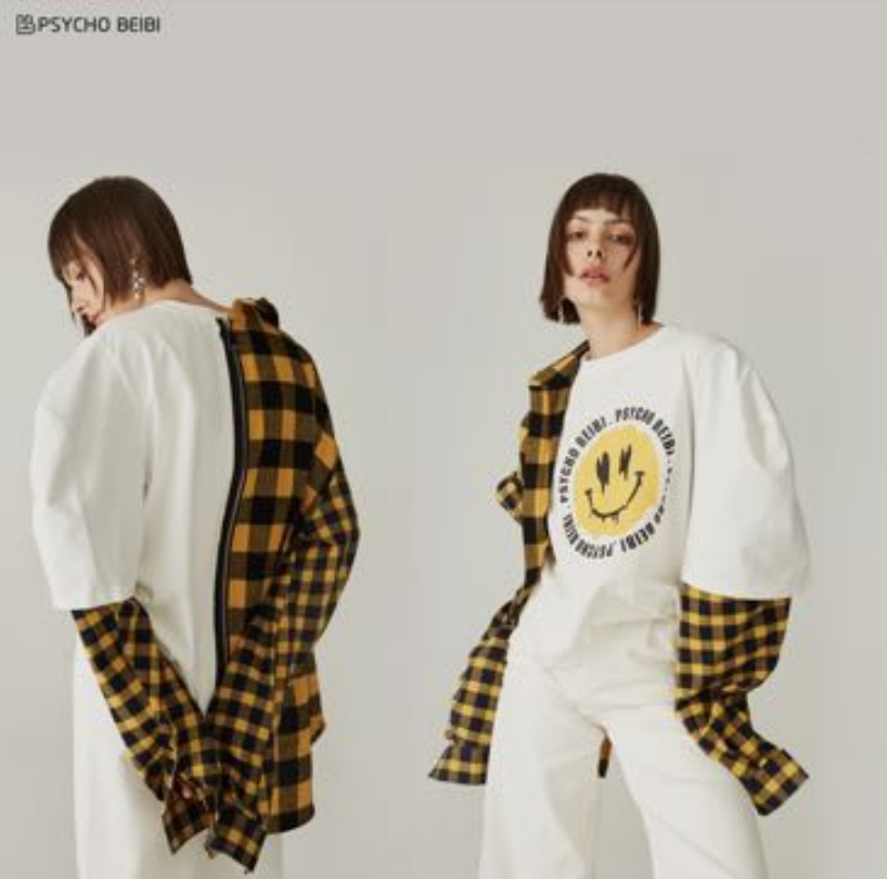 现货 韩国正品psycho beibi 21ss假两件笑脸t恤拼格子上衣