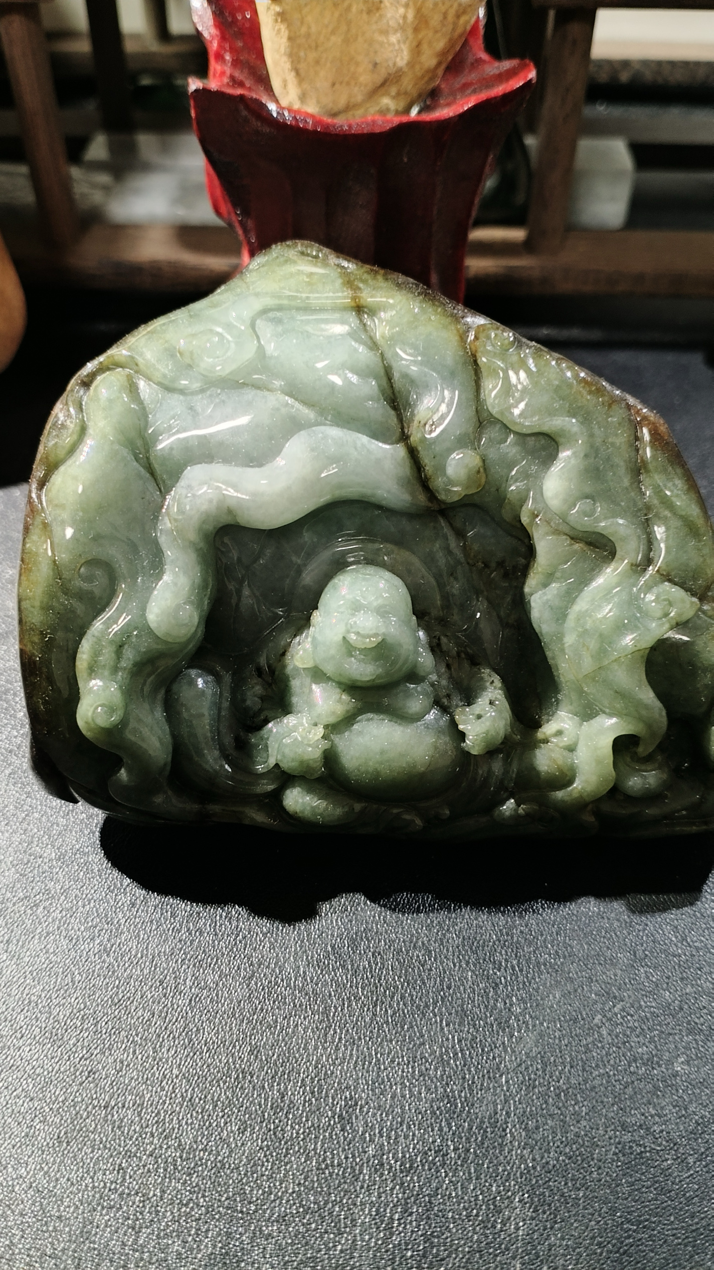 天然缅甸A货翡翠糯化纯手工带皮雕弥勒未来佛摆件