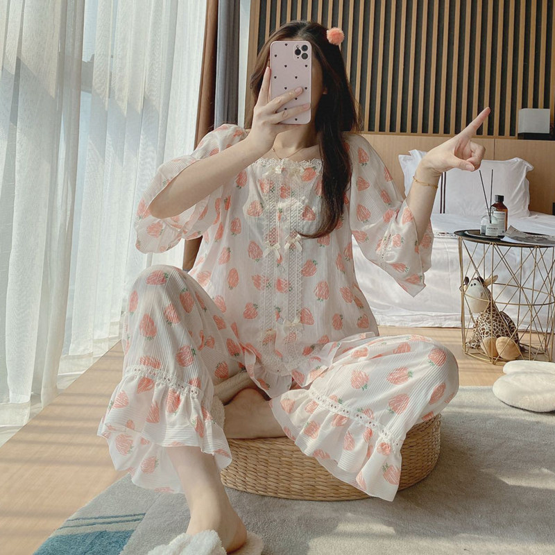 草莓中袖蕾丝公主风韩国家居服