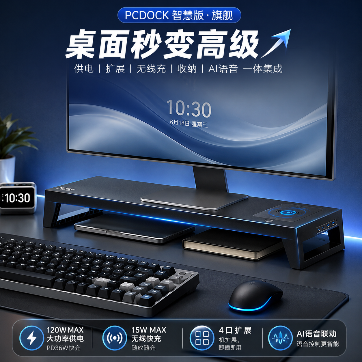 PCDOCK旗舰版 智慧型电脑多功能显示器增高架RGB炫彩灯USB扩展坞