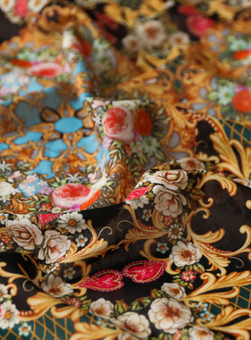 日本进口轻薄款巴洛克金缕繁花印花细腻9088纯棉布料设计师面料