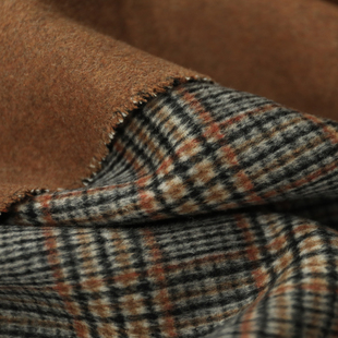 意产复古棕褐杂色橘黄黑白格纹双面双色可揭开短顺羊绒羊毛面料