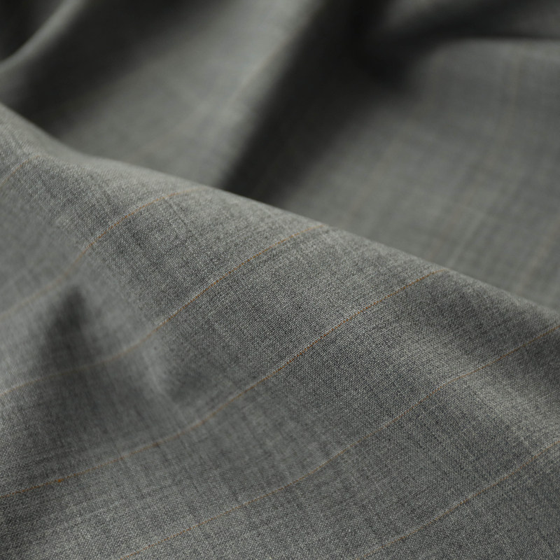 意大利进口薄款雾烟灰橘白细竖条纹平纹高支精纺羊毛面料西装布料