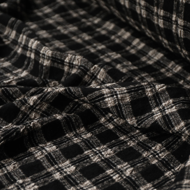 日本进口薄款黑白棕褐色格纹细腻人字鱼骨纹绉纱编织羊毛面料布料