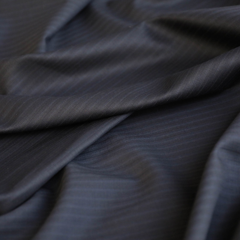 意大利薄款蓝黑色细竖条纹高支细腻精纺纯羊毛面料设计师西装布料