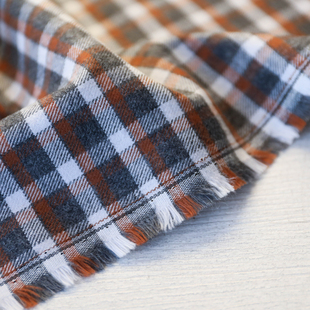 意大利进口薄款复古橘白灰杂色格纹细腻斜纹色织磨毛纯棉面料布料