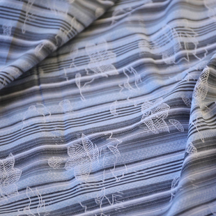 意大利进口薄款浅蓝灰黑白色浪漫条纹提花砂洗棉麻混纺面料布料