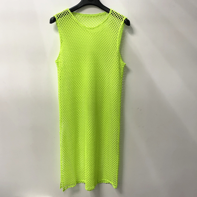 欧美风垫肩直筒侧开叉网眼背心裙