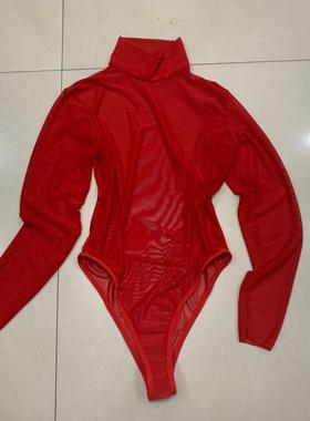 连体衣女高领纯欲时尚塑身显瘦内搭性感透视网纱打底衫长袖T恤潮