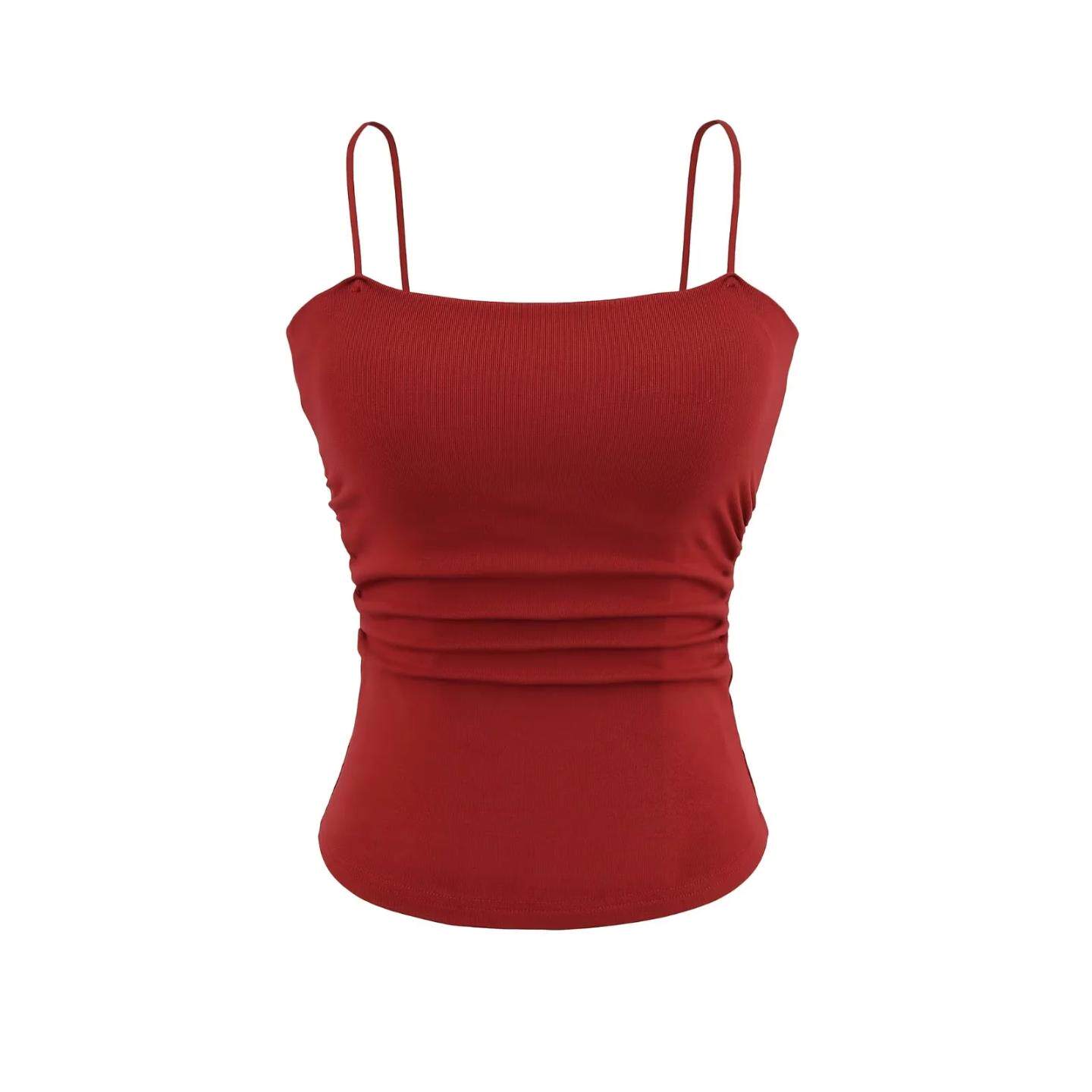 欧美风褶皱吊带背心女带胸垫修身显瘦内搭打底上衣平口细肩带抹胸