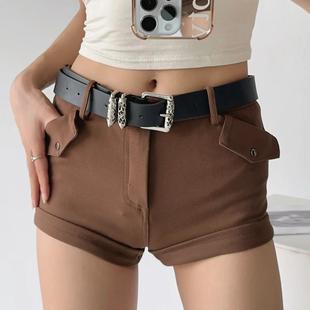 女秋卷边阔腿休闲性感显腿长热裤 短裤 裤 街头复古滚轮腰带低腰工装