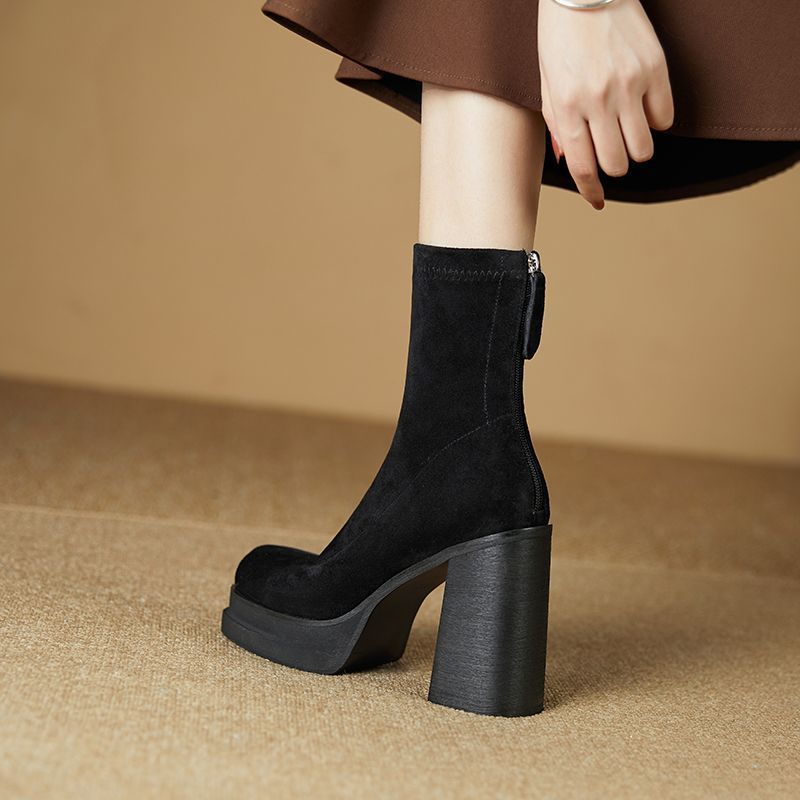 真皮绒面粗跟加绒短靴女2025秋冬季新款防水台高跟鞋气质瘦瘦