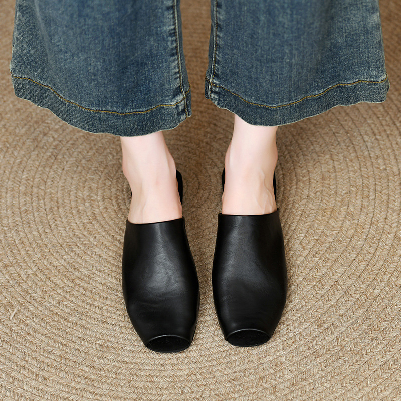 2025夏季新款鱼嘴包头半拖复古休闲懒人拖鞋低跟穆勒鞋平底女凉鞋