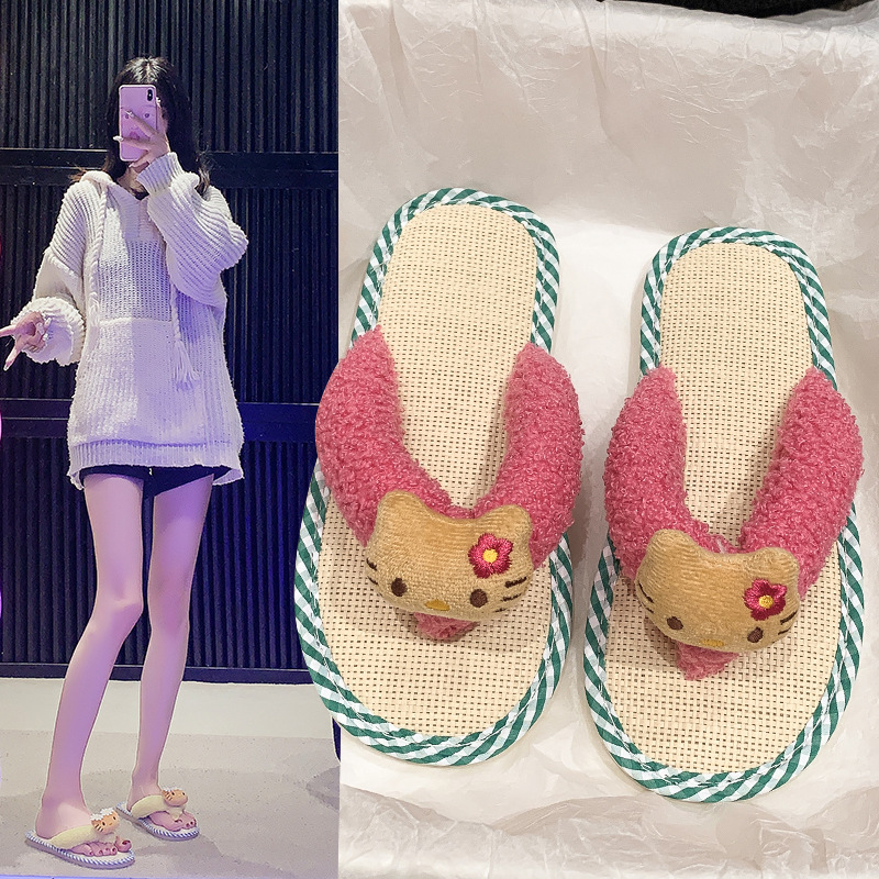 夏季可爱日式拖鞋女家居室内亚麻软底静音轻便日系夏天外穿人字拖