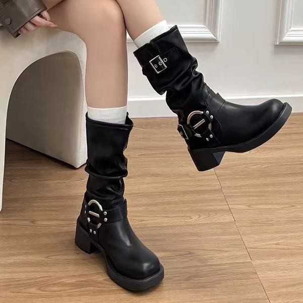 现货增高复古粗跟褶皱西部牛仔靴女皮带扣骑士靴中筒堆堆靴子