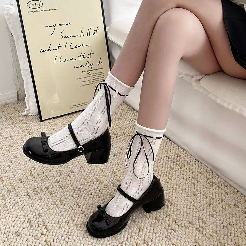 软底不累脚女鞋圆头学院风小皮鞋2023春秋蝴蝶结棕色厚底粗跟单鞋