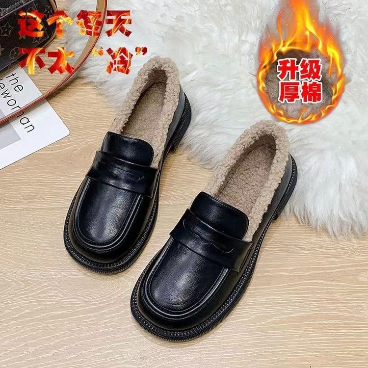 源头工厂】一脚蹬加绒棉鞋低跟防水保暖皮靴加绒加厚雪地棉乐福鞋